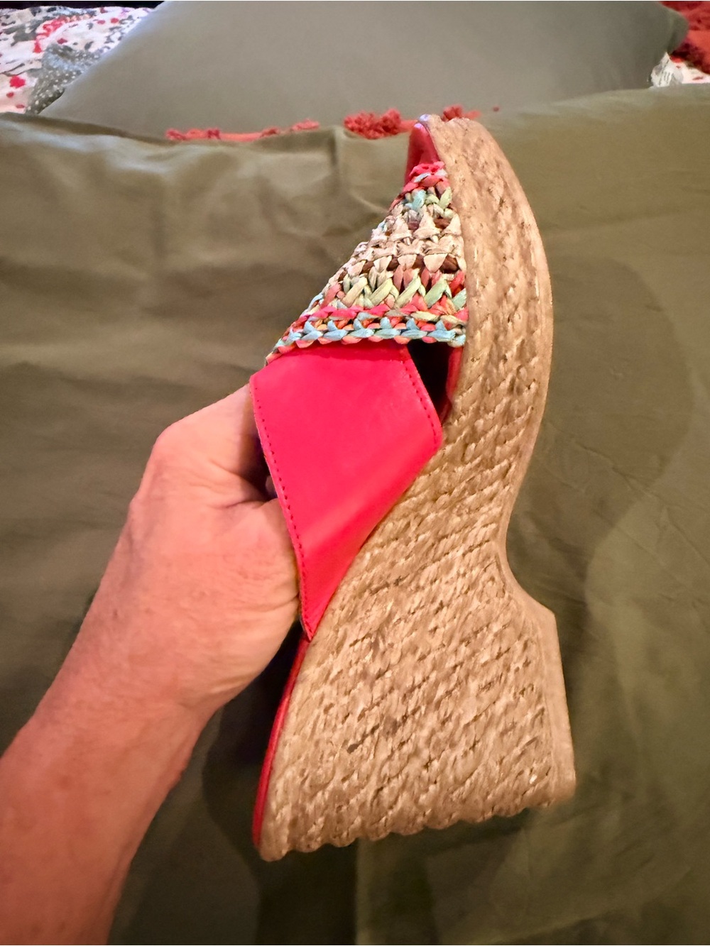 Spring Step Red Multicolor Raffia Wedge Mules - Picture 5 of 14